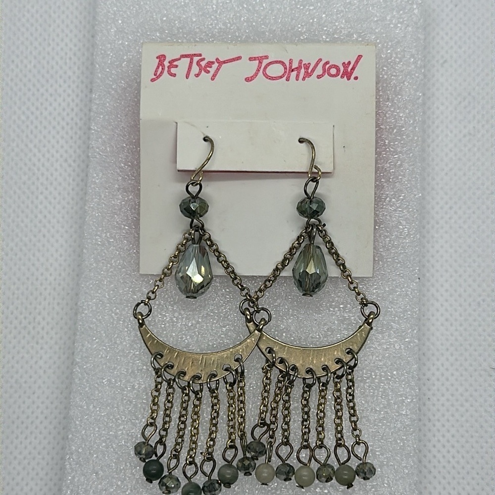Betsey Johnson Bohemian Dangle Earrings - Gray Green Crystal Beaded Fringe